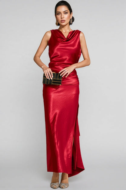 Conjunto Wine Red Satin Backless Maxi Dress
