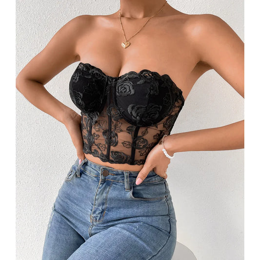 Floral Lace Backless Short Y2K Sexy Crop Top