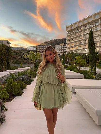 Bell Sleevees Ruffle Short Dress