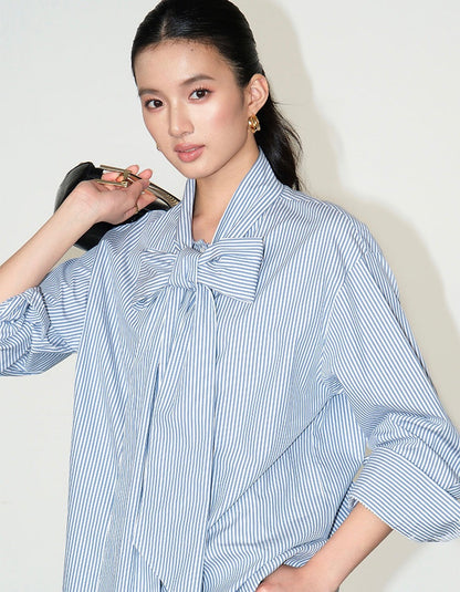 Striped Bow Oversized Cotton Blouse