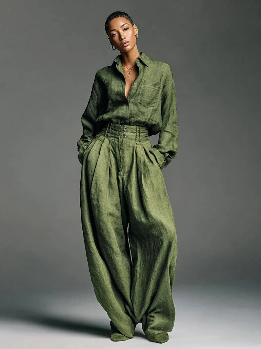 Olive Green 2 Piece Set For Women - Button Down Shirt And Retro High Waist Wide Leg Trouser - Spring Office Casual 2026