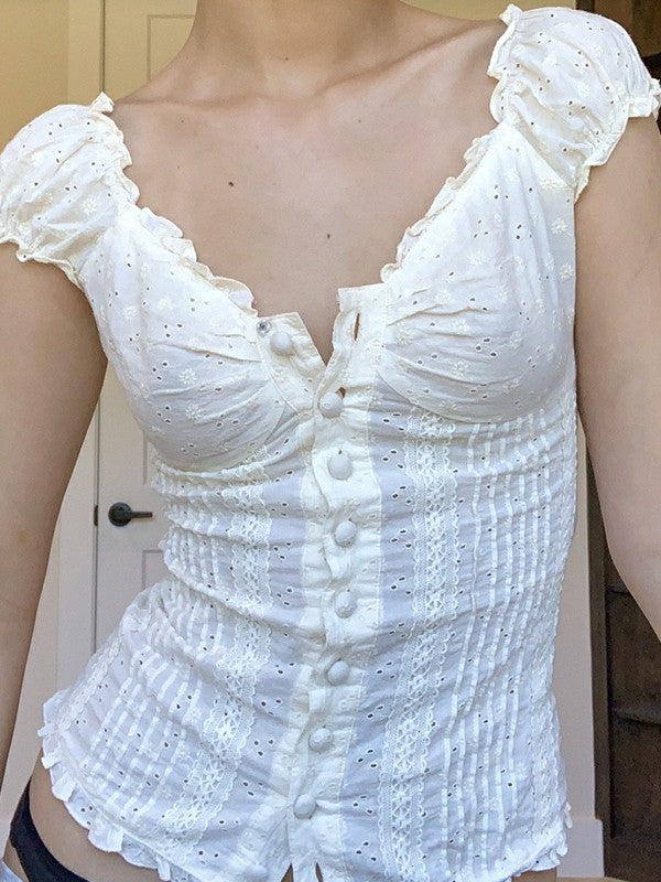 Button Down Broidered Lace Crop Blouse