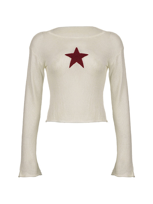 White Vintage Knitted Crochet Crop Top with Star Patch