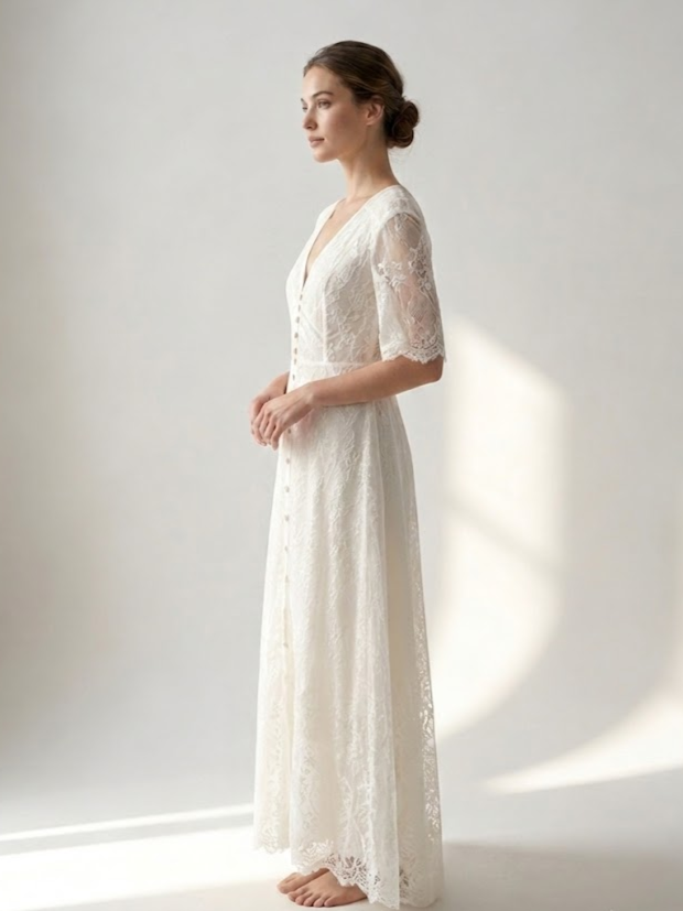 White Lace Maxi Boho Dress for Women - Embroidery Button Front Short Sleeves High Low Dress - Summer Beach Bridal Party Wear 2026