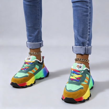 Women's Orthopedic Rainbow Lace-Up Sneakers – Colorful Comfort Chunky Trainers