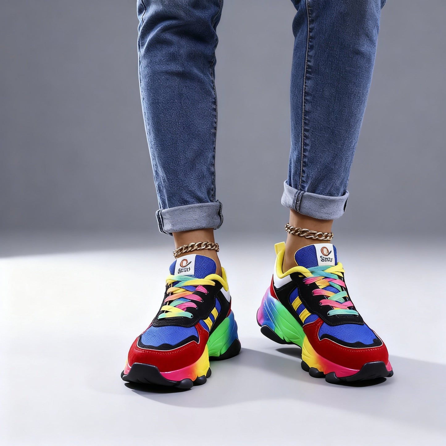 Women's Orthopedic Rainbow Lace-Up Sneakers – Colorful Comfort Chunky Trainers