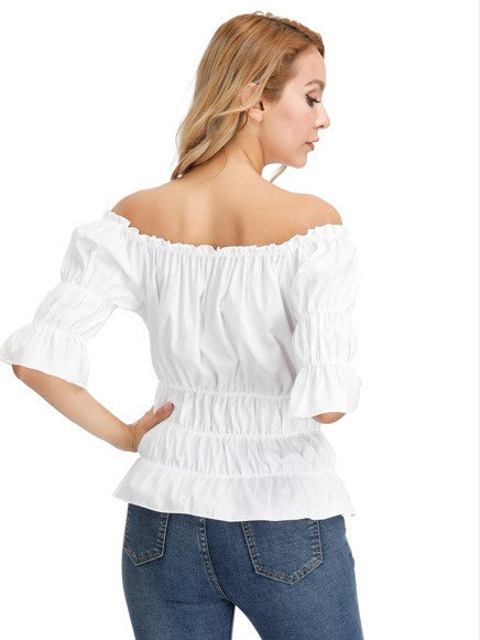 Half Sleeves Tees Black Pleated Off-The-Shoulder Women T Shirt