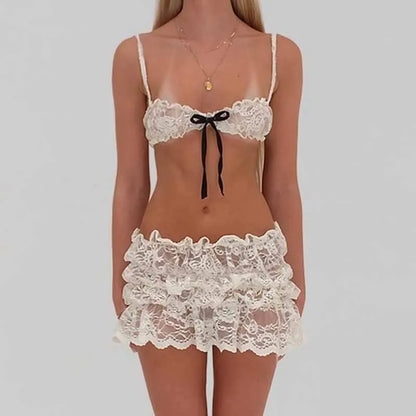 Lace Sheer Spaghetti Strap Camis Mini Skirt Two Pieces Set