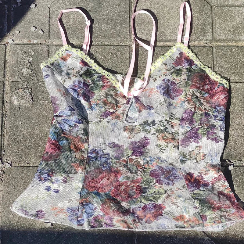 Floral Print Lace Tie-Up Sheer Crop Top