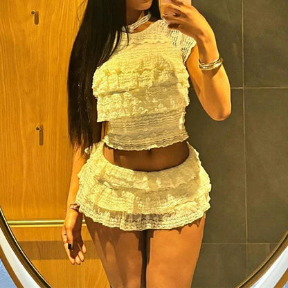 Fairy Coquette Outfits Lace Layered Ruffles Tank Tops + Mini Cake Shorts 2000s Retro Kawaii 2 Piece Set Y2K Aesthetic Crop Tops