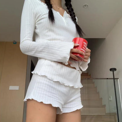 Sweet Girl Long Sleeve Crop Top Shorts Two Pieces Set