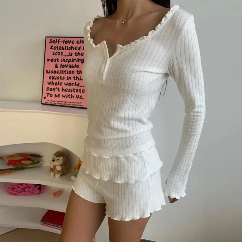 Sweet Girl Long Sleeve Crop Top Shorts Two Pieces Set