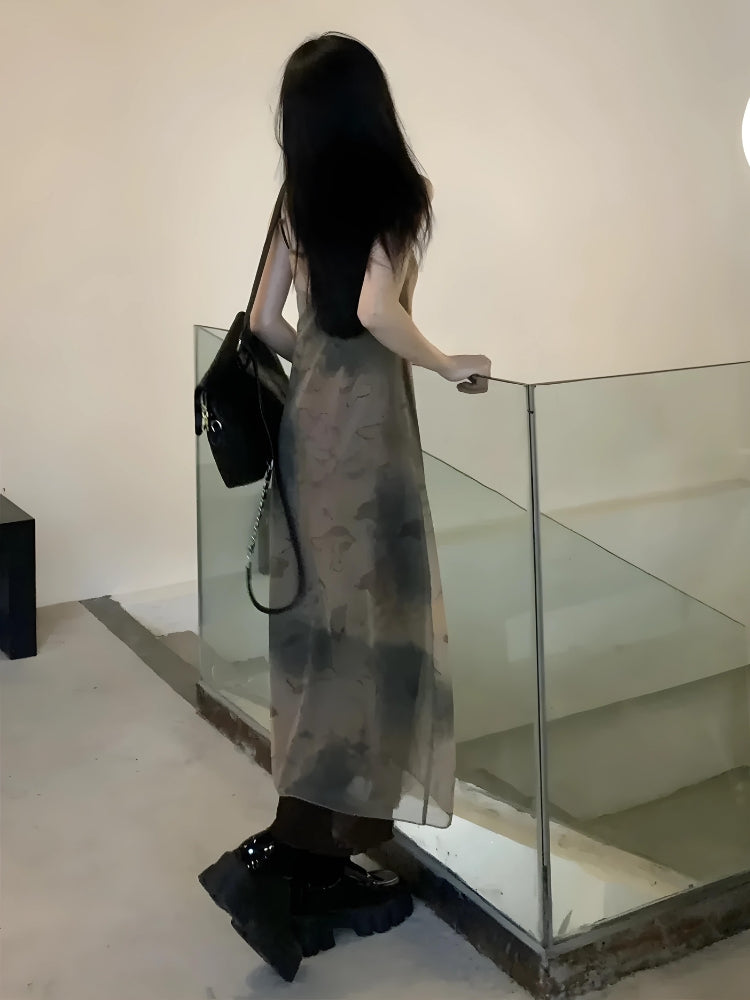 Spaghetti Strap Sheer Mesh Overlay Abstract Print Layered Midi Dress
