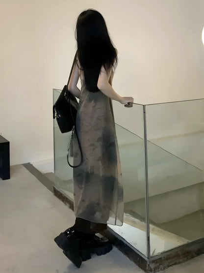 Spaghetti Strap Sheer Mesh Overlay Abstract Print Layered Midi Dress