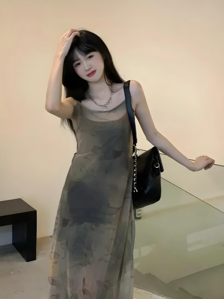 Spaghetti Strap Sheer Mesh Overlay Abstract Print Layered Midi Dress
