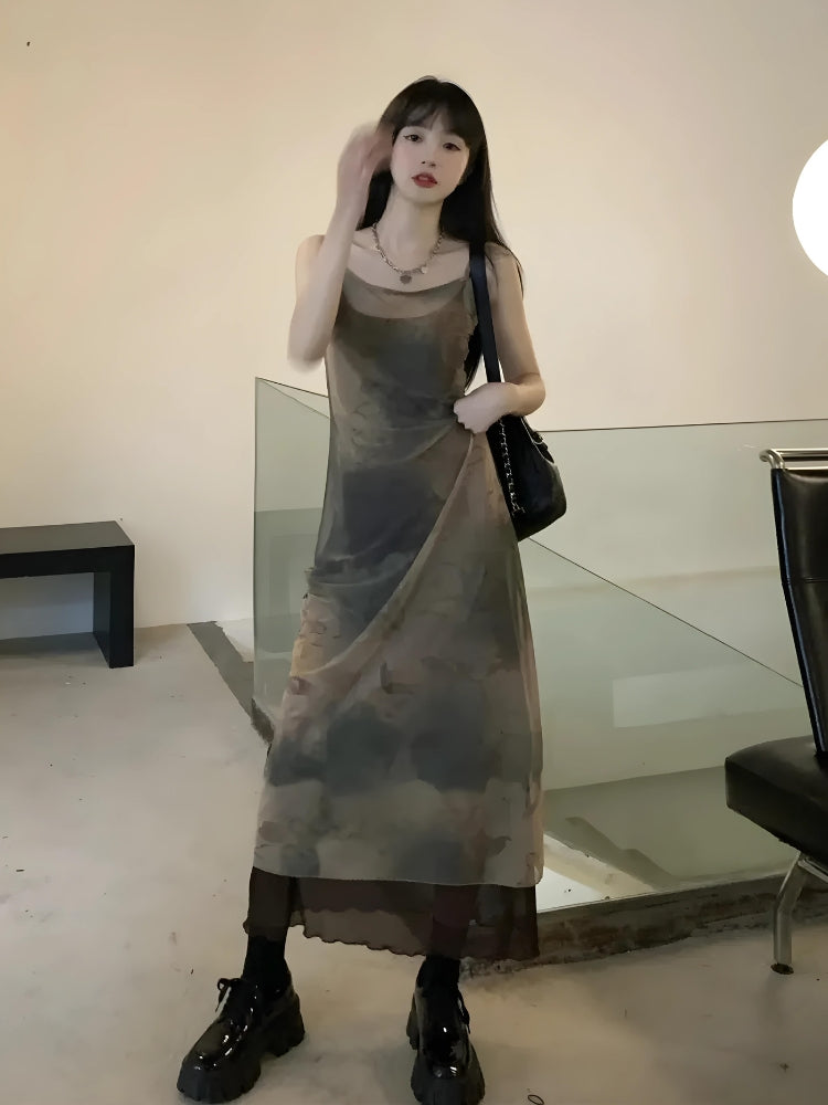 Spaghetti Strap Sheer Mesh Overlay Abstract Print Layered Midi Dress