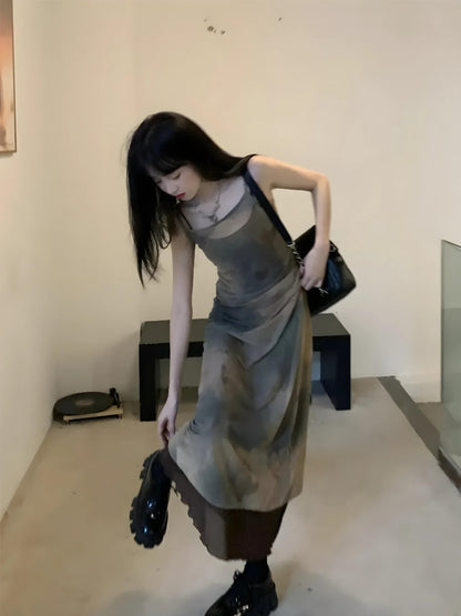 Spaghetti Strap Sheer Mesh Overlay Abstract Print Layered Midi Dress