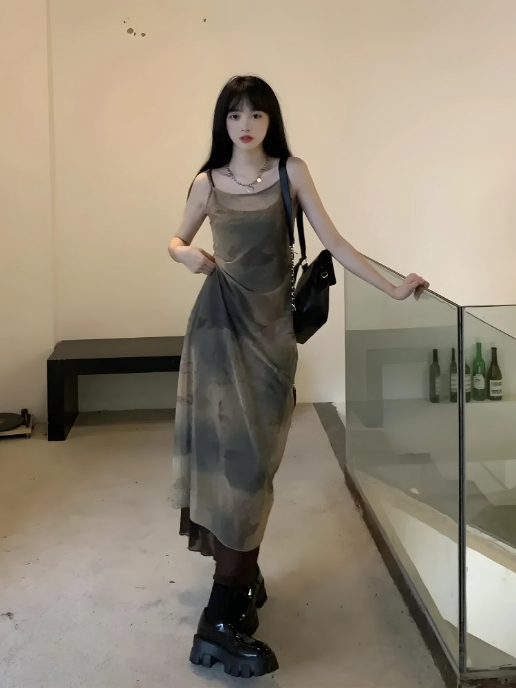 Spaghetti Strap Sheer Mesh Overlay Abstract Print Layered Midi Dress