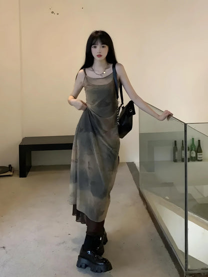 Spaghetti Strap Sheer Mesh Overlay Abstract Print Layered Midi Dress