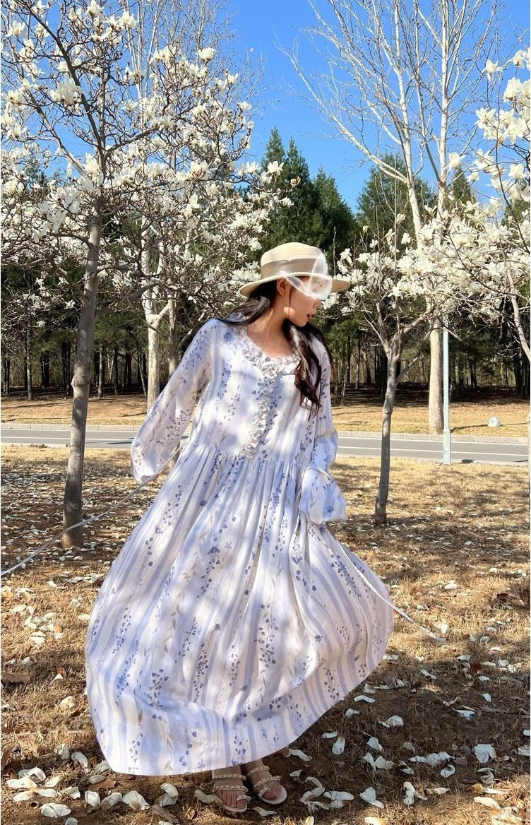Fairy Mood Korean-Inspired Cotton Long Dress Comfy Soft Girl Style Gown
