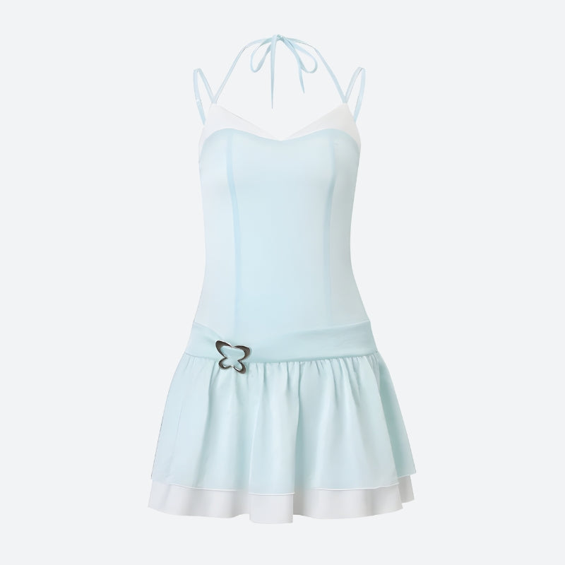Butterfly Buckle Sweetheart Spaghetti Strap Layered Tulle Mini Dress