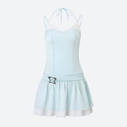 Butterfly Buckle Sweetheart Spaghetti Strap Layered Tulle Mini Dress