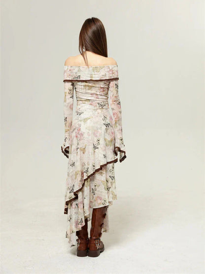Butterfly Floral Script Print Off Shoulder Twist Front Handkerchief Hem Midi Dress