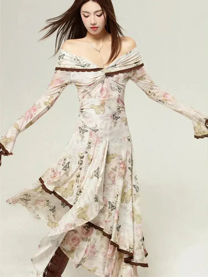 Butterfly Floral Script Print Off Shoulder Twist Front Handkerchief Hem Midi Dress