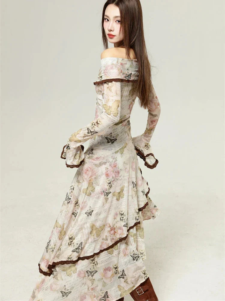 Butterfly Floral Script Print Off Shoulder Twist Front Handkerchief Hem Midi Dress
