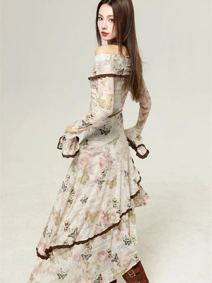 Butterfly Floral Script Print Off Shoulder Twist Front Handkerchief Hem Midi Dress