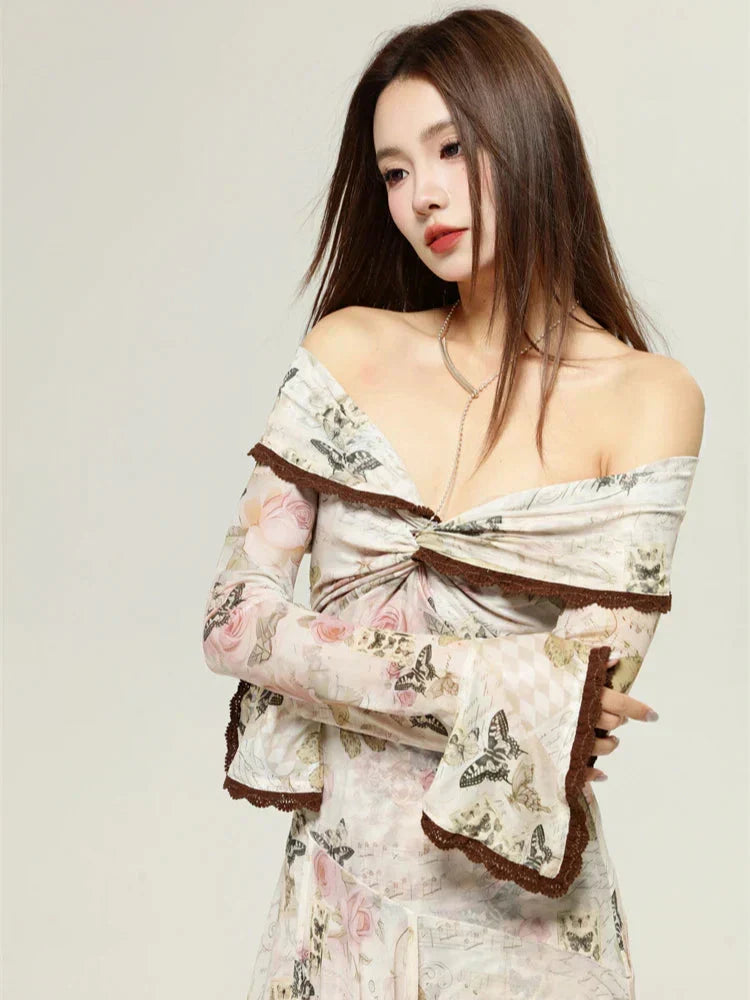 Butterfly Floral Script Print Off Shoulder Twist Front Handkerchief Hem Midi Dress