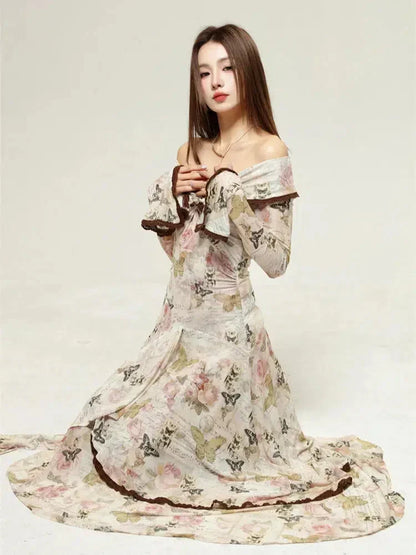 Butterfly Floral Script Print Off Shoulder Twist Front Handkerchief Hem Midi Dress