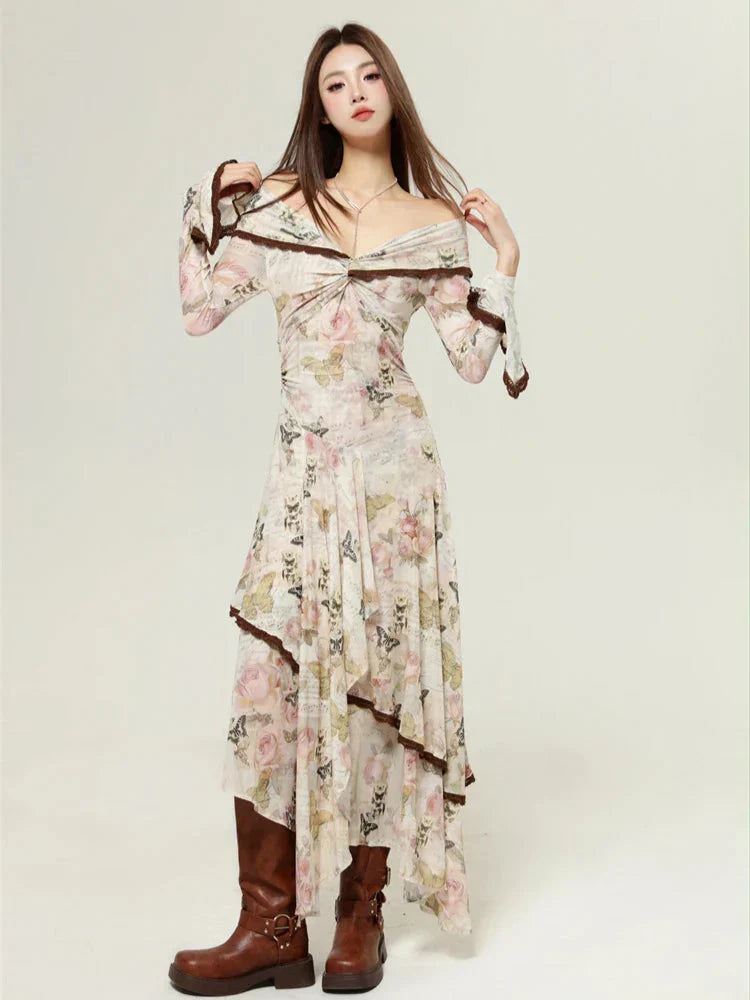 Butterfly Floral Script Print Off Shoulder Twist Front Handkerchief Hem Midi Dress