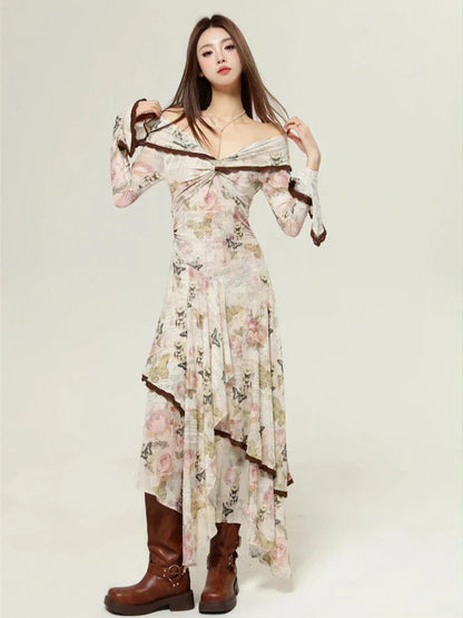Butterfly Floral Script Print Off Shoulder Twist Front Handkerchief Hem Midi Dress