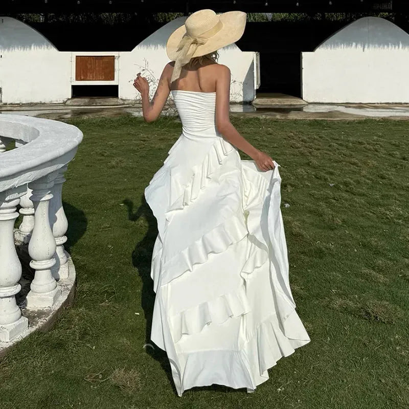 Strapless Ruffle Neckline Cascading Tier High-Low Mullet Maxi Dress