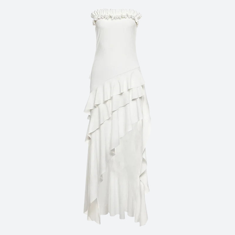 Strapless Ruffle Neckline Cascading Tier High-Low Mullet Maxi Dress