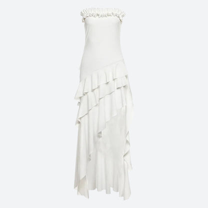 Strapless Ruffle Neckline Cascading Tier High-Low Mullet Maxi Dress