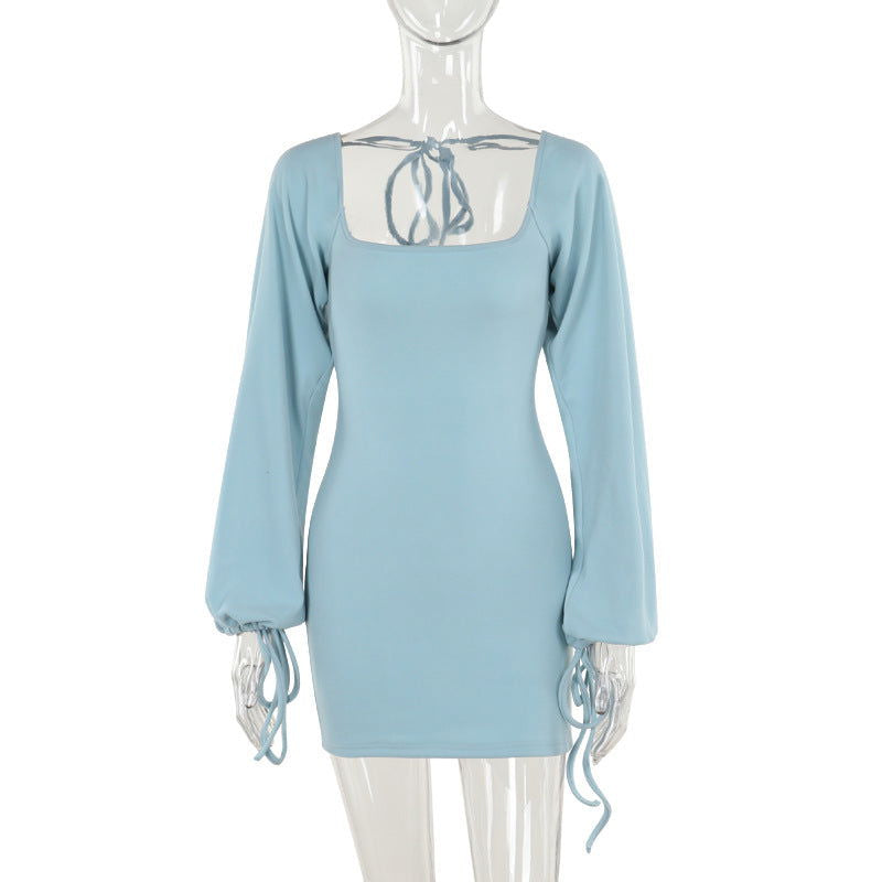 Square Neck Balloon Sleeve Drawstring Cuff Bodycon Mini Dress