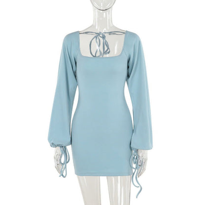 Square Neck Balloon Sleeve Drawstring Cuff Bodycon Mini Dress
