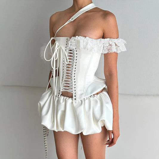 Lace Trim Irregular Bustier Corset Vintage Streetwear Aesthetic Crop Top