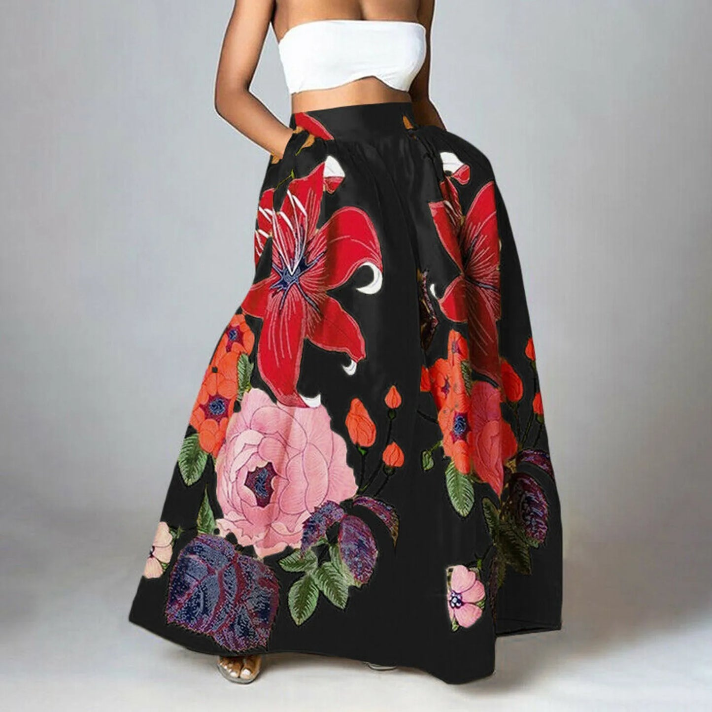 Big Flower Printed A-Line High Waist Long Maxi Skirt