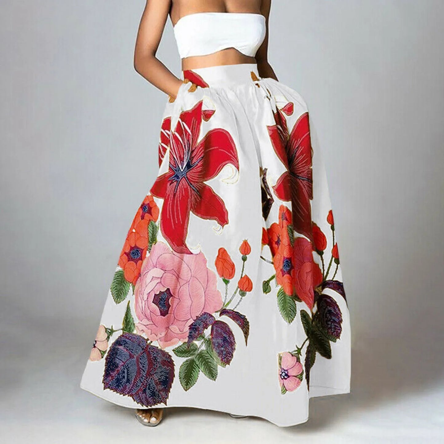 Big Flower Printed A-Line High Waist Long Maxi Skirt