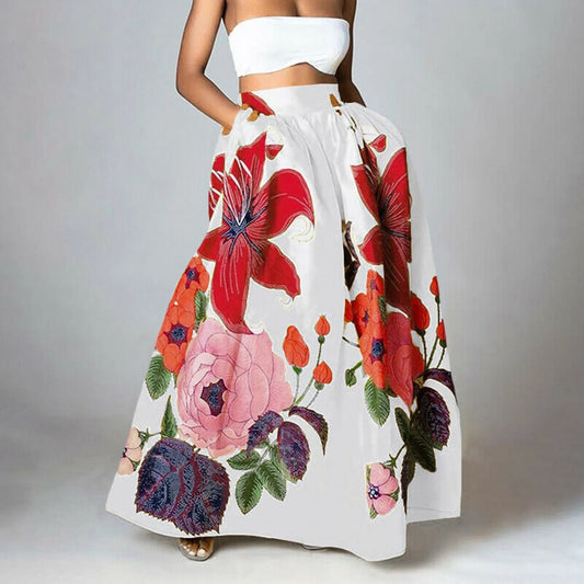 Big Flower Printed A-Line High Waist Long Maxi Skirt