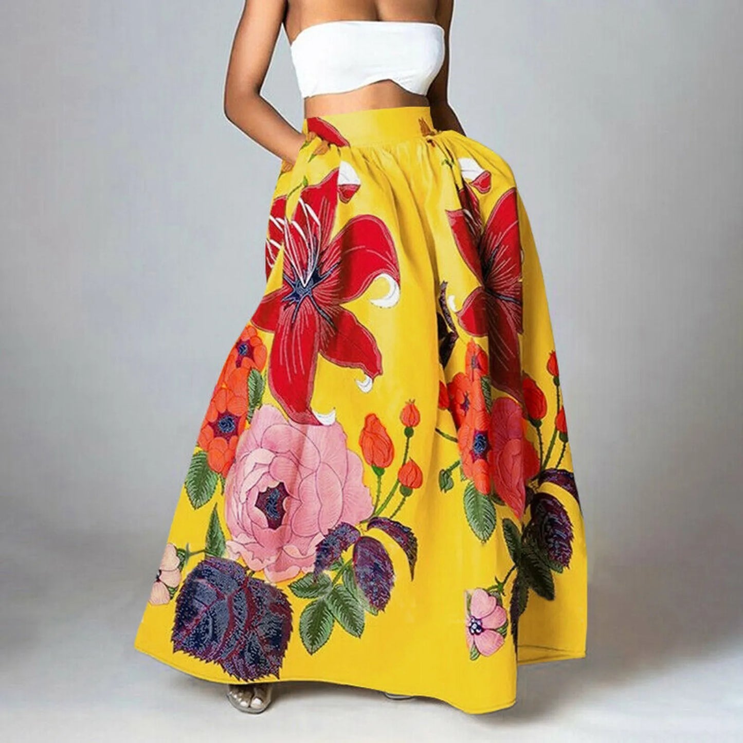 Big Flower Printed A-Line High Waist Long Maxi Skirt