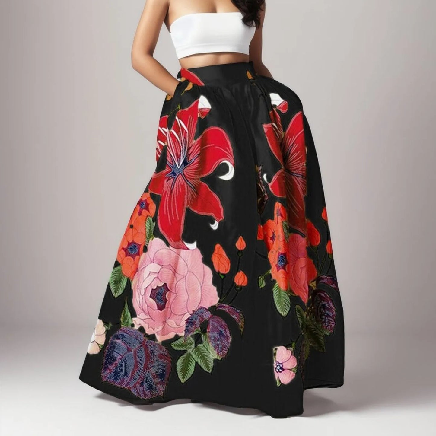 Big Flower Printed A-Line High Waist Long Maxi Skirt