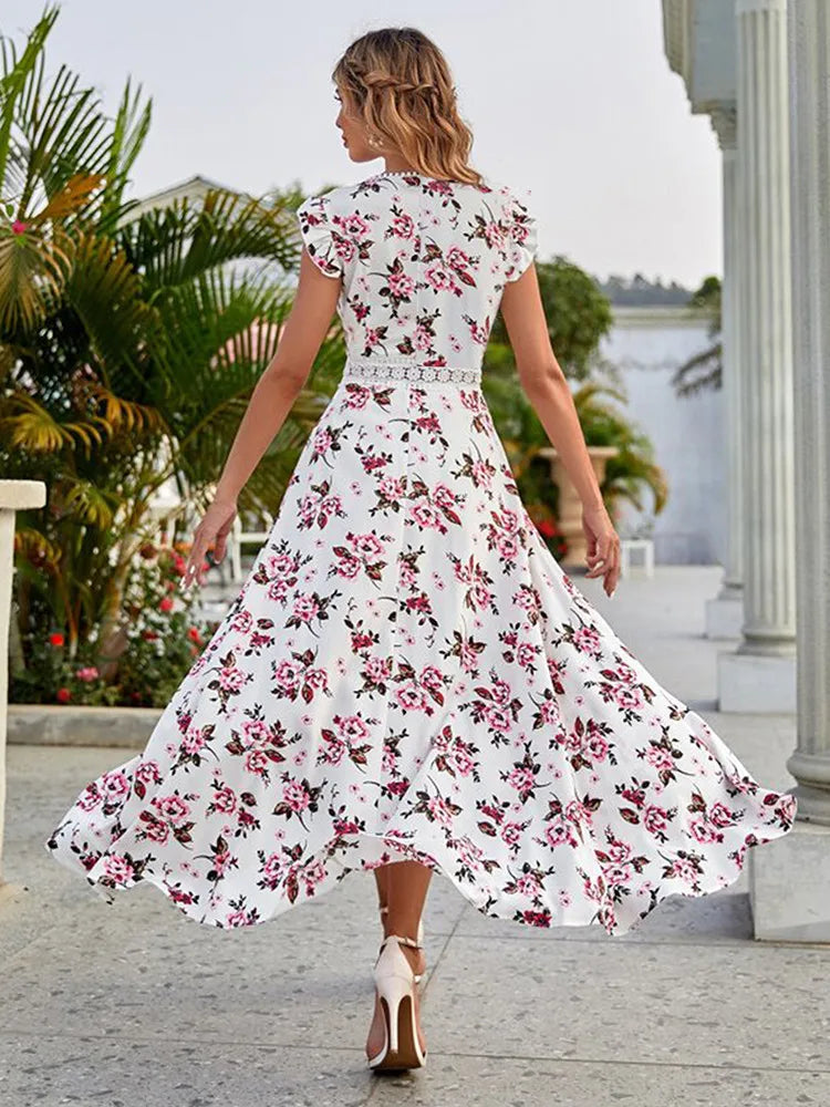 Casual Floral Lace Collar Irregular Waist Dress