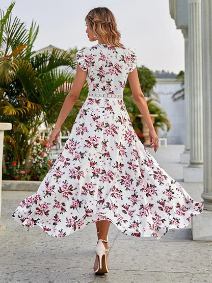Casual Floral Lace Collar Irregular Waist Dress