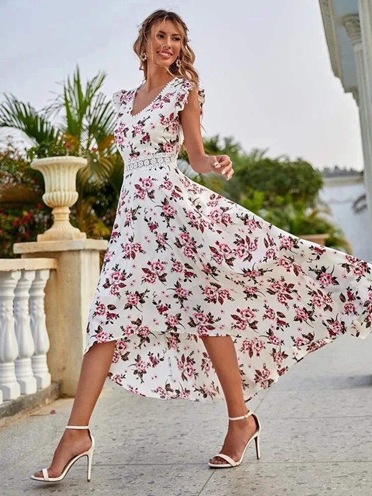 Casual Floral Lace Collar Irregular Waist Dress