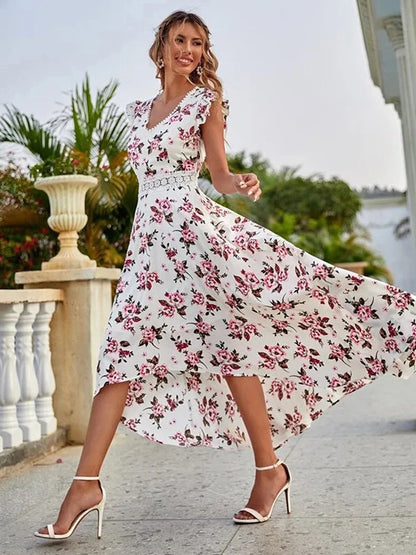 Casual Floral Lace Collar Irregular Waist Dress