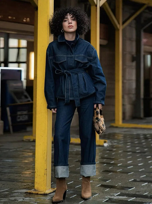 Denim Jacket Belted Trousers Office Two Piece Set